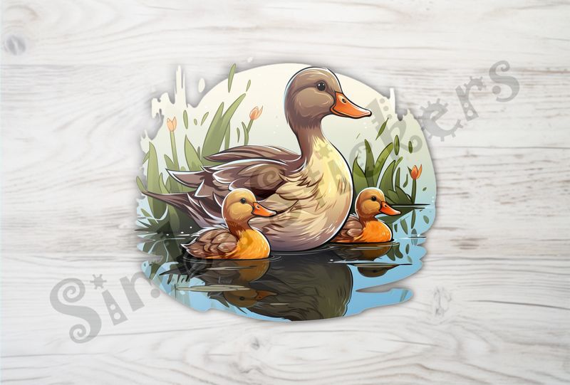 Mother duck with ducklings swimming 