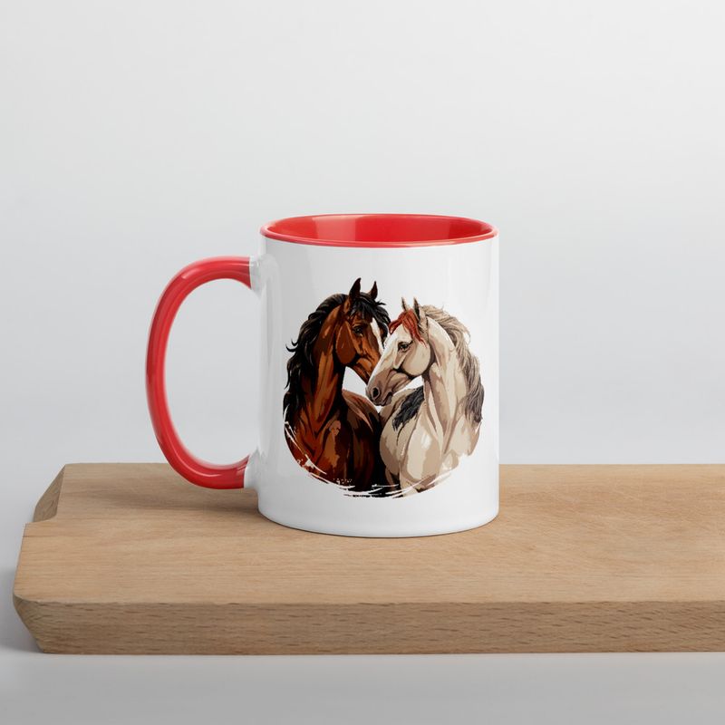 White Ceramic Mug with Color Inside, 11&amp;15oz, Horses nose-to-nose, jbgjpy