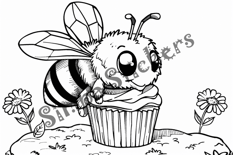 Colouring pages, bundle of bees around food, 10 images