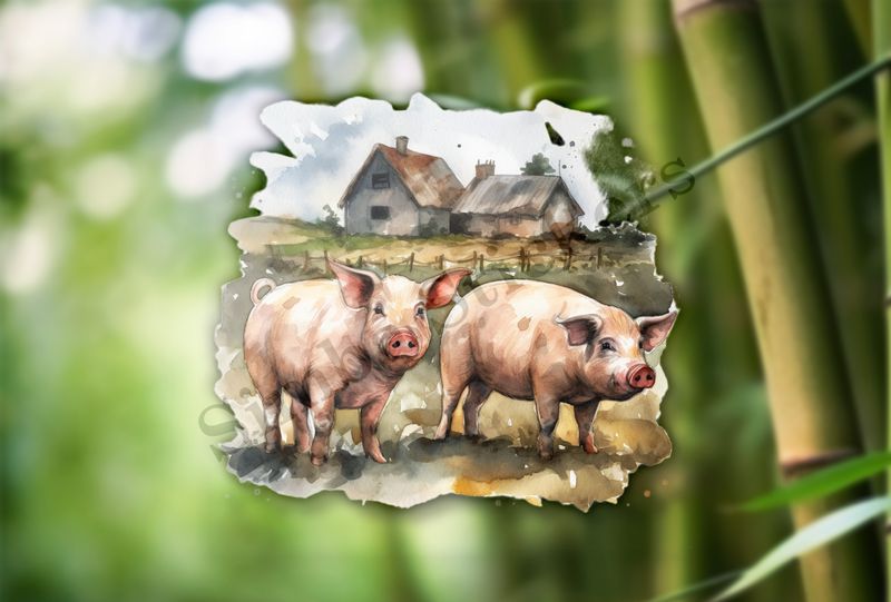 Two pigs on a farm, watercolour