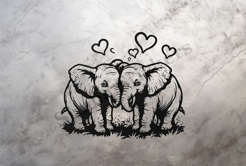 Child elephants in love, romantic hearts, outline art