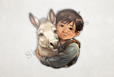 Donkey hugged by small child of Asian origin