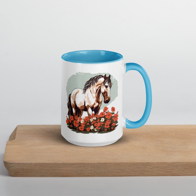 White Ceramic Mug with Color Inside, 11&amp;15oz, Brown horse in field of red flowers, n4w2fj