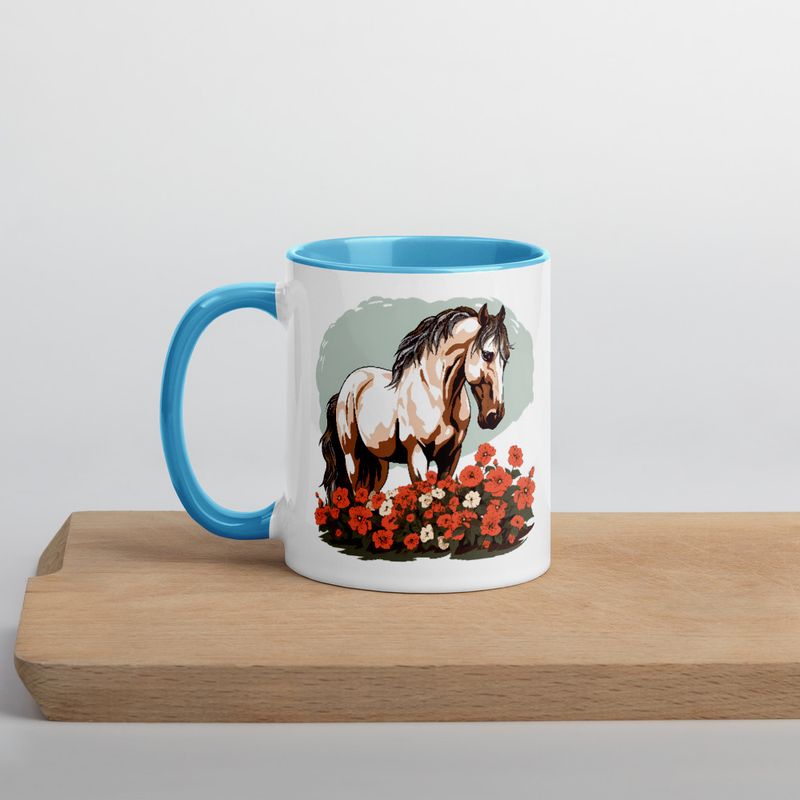 White Ceramic Mug with Color Inside, 11&amp;15oz, Brown horse in field of red flowers, n4w2fj
