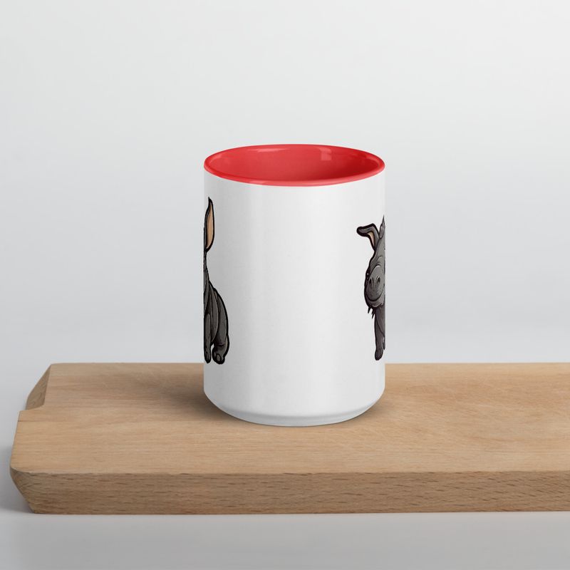 White Ceramic Mug with Color Inside, 11oz &amp; 15oz, Black rhino calf looking cute 