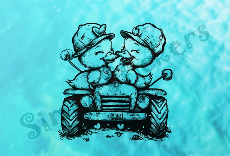 Ducklings in farmer&#x27;s hats beak-to-beak on tractor outline art