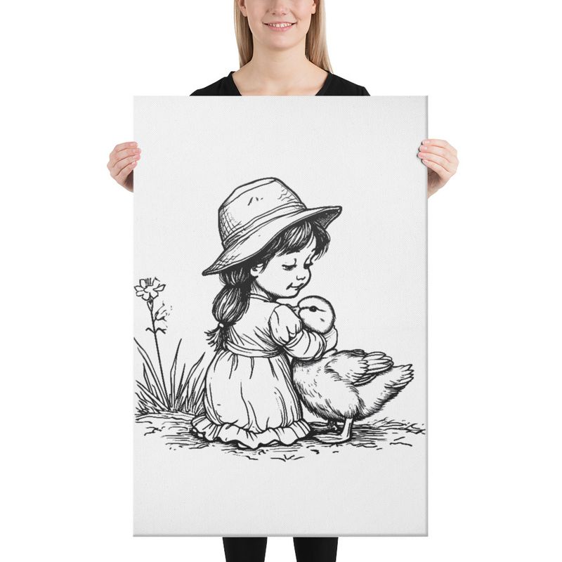 Canvas Print, 24x36, Duck embraced by small girl wearing cute hat, outline art 