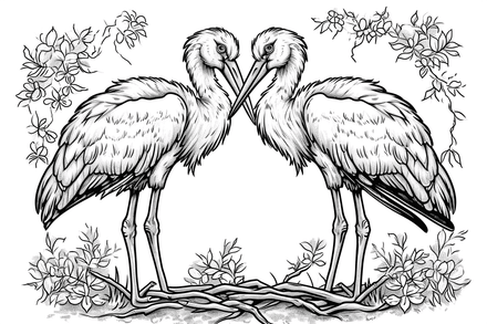 Colouring pages, bundle of marabou storks in love, 10 images