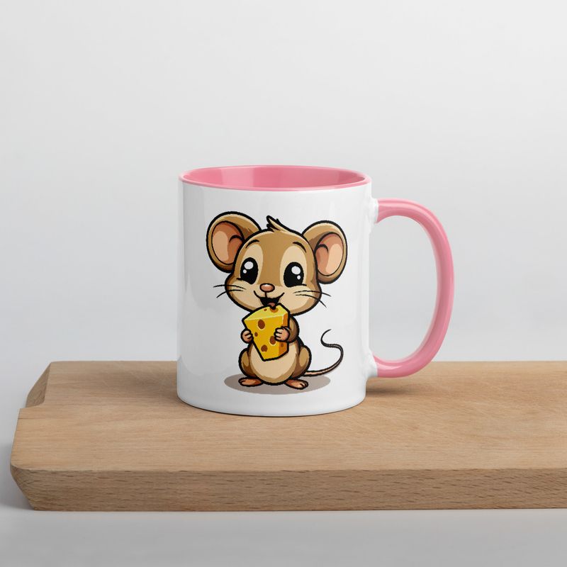 White Ceramic Mug with Color Inside,11&amp;15oz,Small Mouse happily licking large chunk of cheese,pqapy6