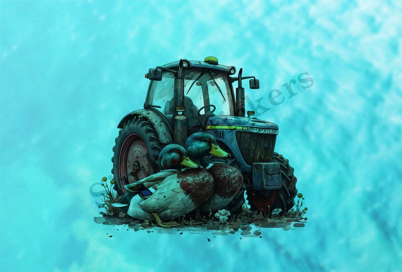 Ducks cuddling in front of farmer&#x27;s tractor