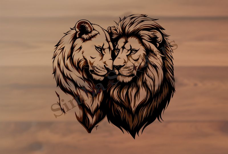 Lion leaning into  lioness, cuddling, outline art