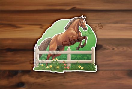 Brown horse jumping over a fence