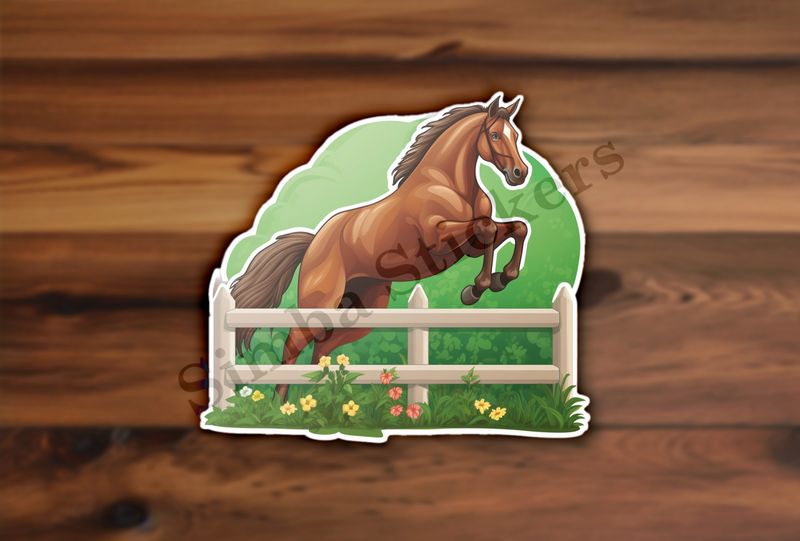 Brown horse jumping over a fence