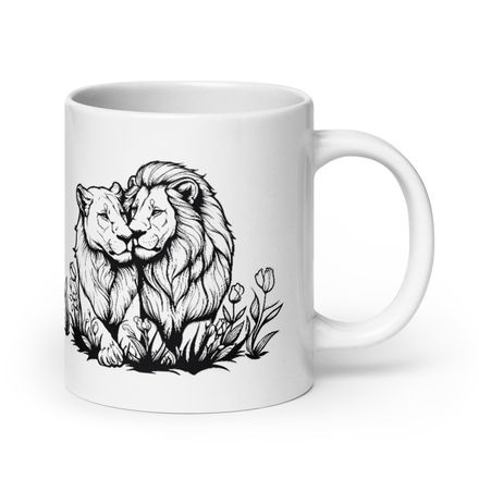 White Glossy Mug, 20oz, Male lion with lioness, outline art, kbdgyu 