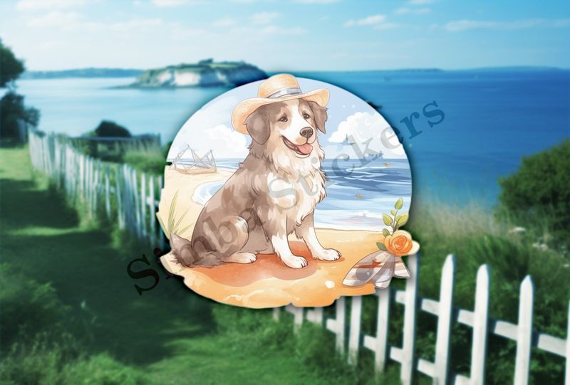 Dog with a hat on the beach, watercolour