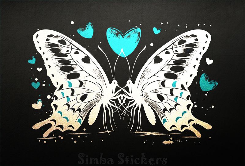Butterflies in love touching, Valentine&#x27;s hearts above, outline art, njrsnk