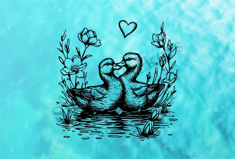Ducks in love in a pond, outline art