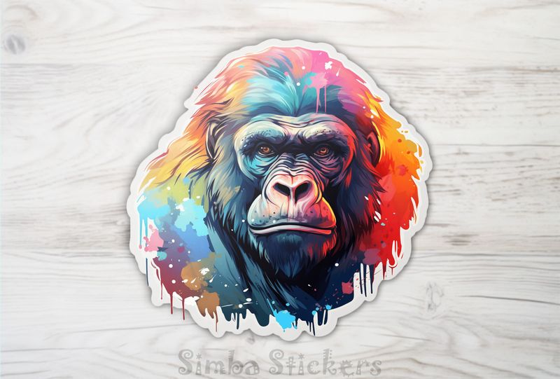 Gorilla staring straight ahead, colourful watercolour, vzntby