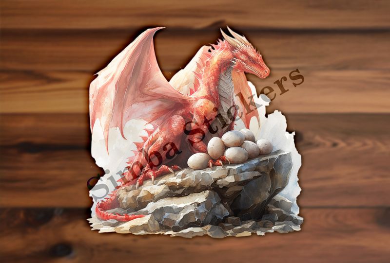 Red dragon brooding over her eggs, watercolour