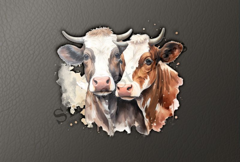 Cows nose-to-nose, one brown, one black, watercolour