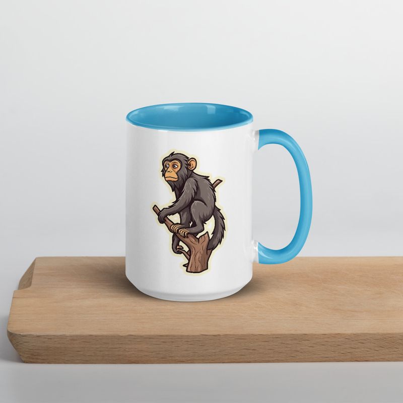 White Ceramic Mug with Color Inside, 11oz &amp; 15oz, Baboon on a tree, looking sad, head-to-head