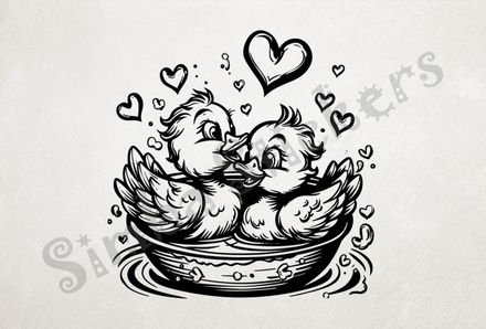 Ducklings in a floating bowl, romantic hearts, outline art
