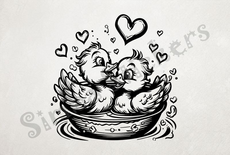 Ducklings in a floating bowl, romantic hearts, outline art