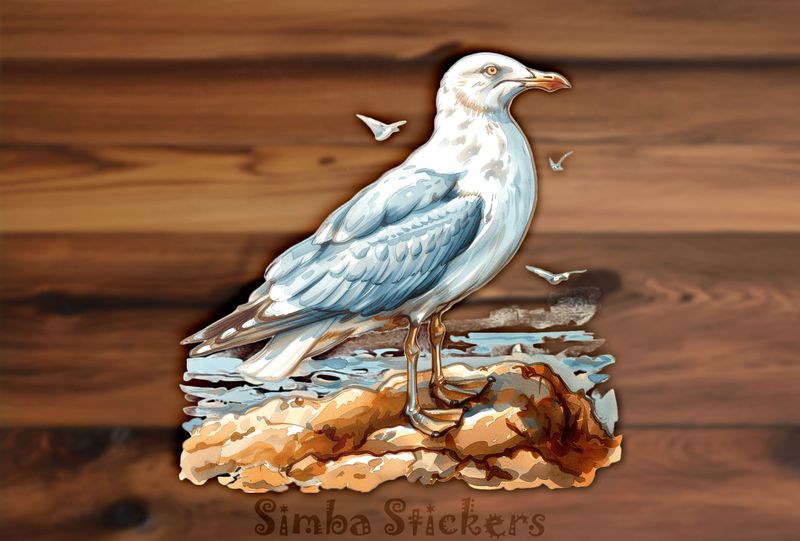 Seagull on small rocks by the beach, watercolour, unvow9