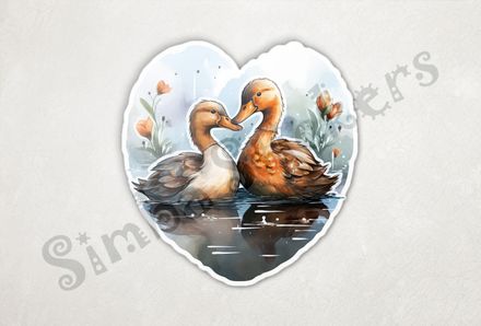Ducks beak-to-beak in love in flowery pond