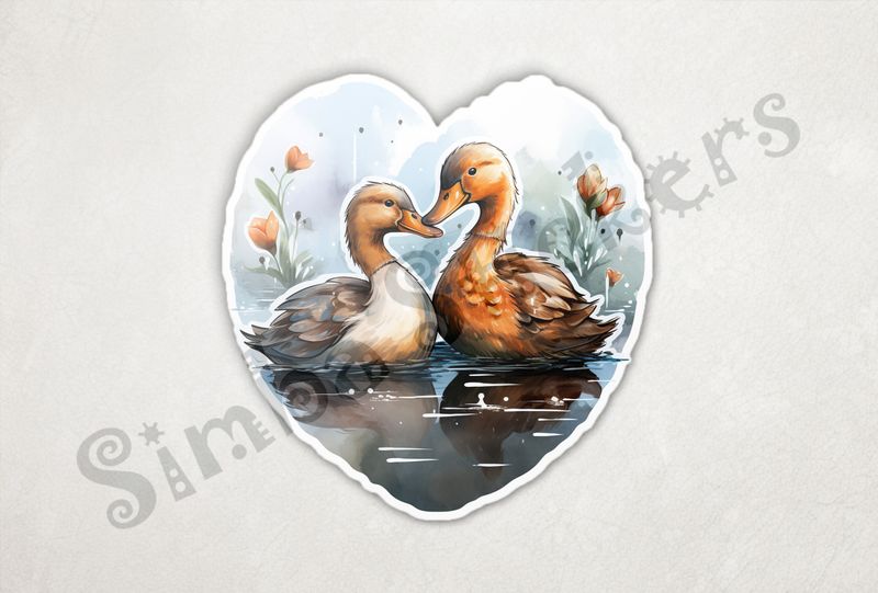 Ducks beak-to-beak in love in flowery pond
