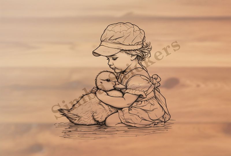 Small girl hugging duckling in a pond wearing a cap, outline art