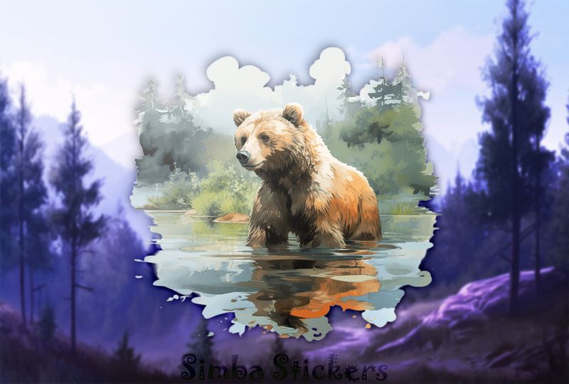 Youthful bear  in water, bluish hue, watercolour, u03mj4
