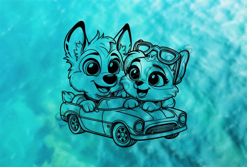 Dogs in love sitting in a classic sports car, outline art