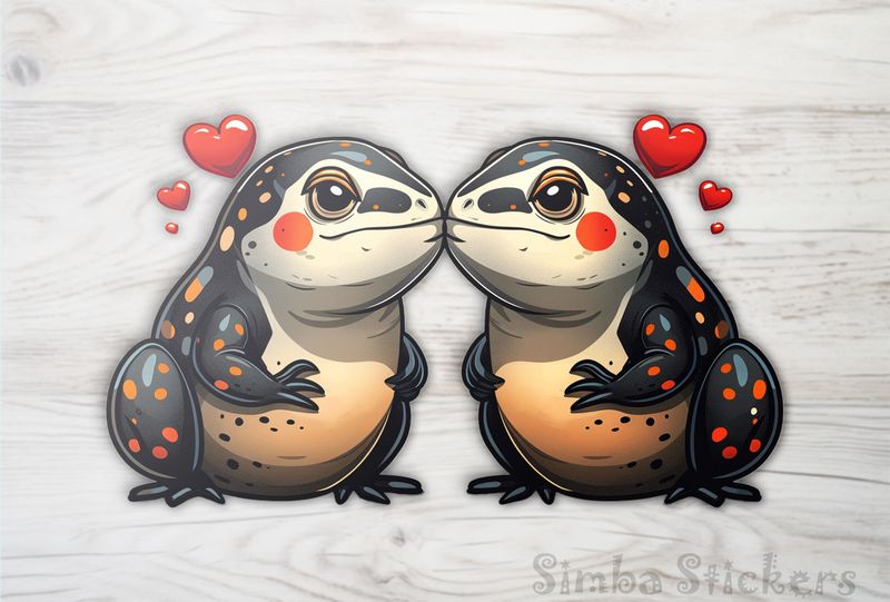 Chubby black, red and creamy lizards in love, with romantic hearts