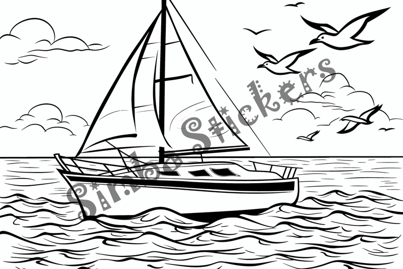 Colouring pages, bundle of seagulls harassing boats, 10 images