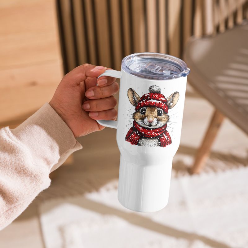Travel Mug, Cattle, Mouse wearing red winter hat and scarf in the snow, xg8dl3