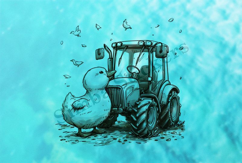 Duckling expressing love of farmer&#x27;s tractor, outline art