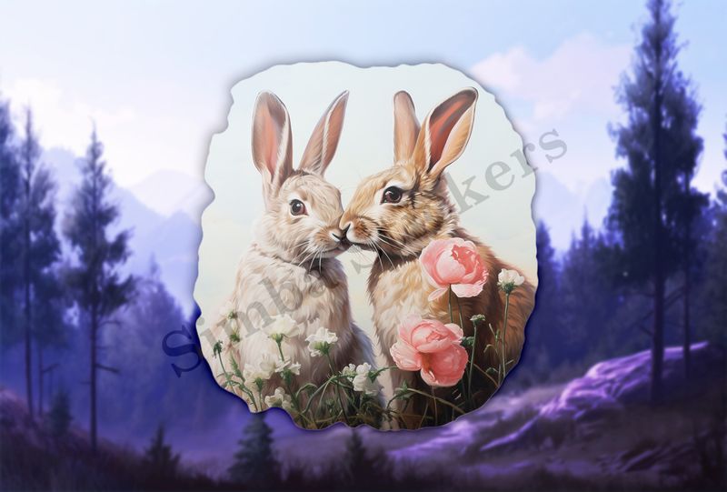 Rabbits in love , nose-to-nose, pink flowers