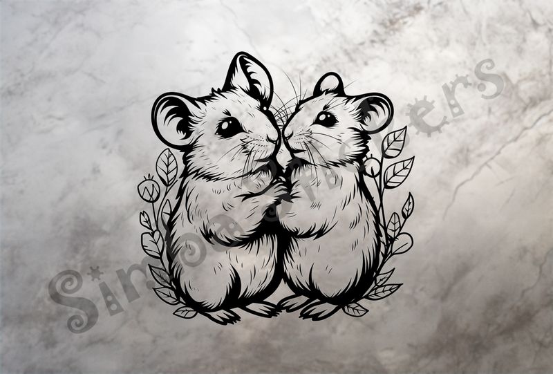 Mice in warm leafy embrace,  outline art