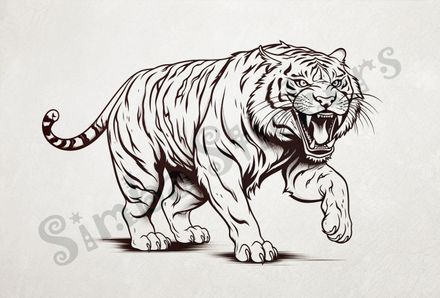 Tiger snarling and looking fierce, outline art