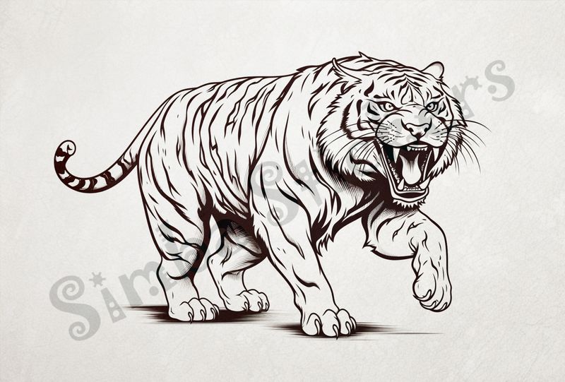 Tiger snarling and looking fierce, outline art