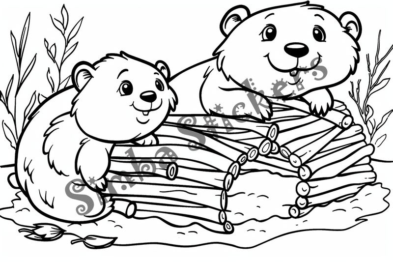 Colouring pages, bundle of beavers building beaver dam, 10 images