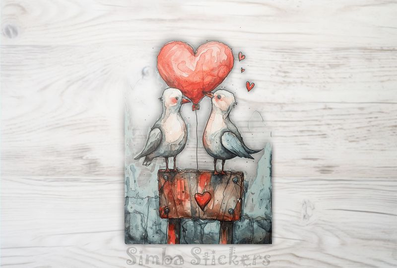 Seagulls on either side of a Valentine&#x27;s heart balloon, watercolour, wm9x53
