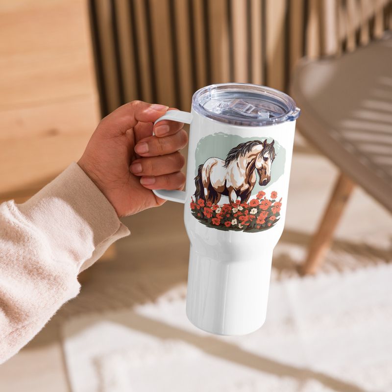 Travel Mug, Cattle, Brown horse in field of red flowers, n4w2fj