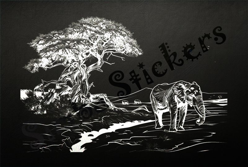 African Savanna landscape, with elephant, outline art