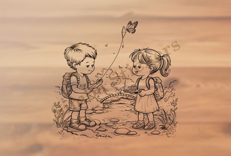 Boy and girl flying a kite while standing on rocks in a shallow river, outline art