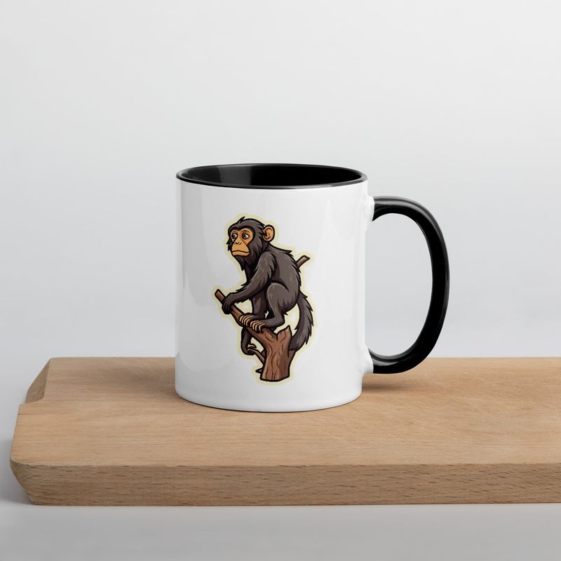White Ceramic Mug with Color Inside, 11oz &amp; 15oz, Baboon on a tree, looking sad, head-to-head