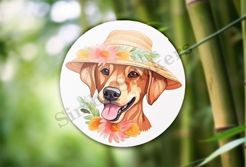 Dog in a flowery hat, with flowers