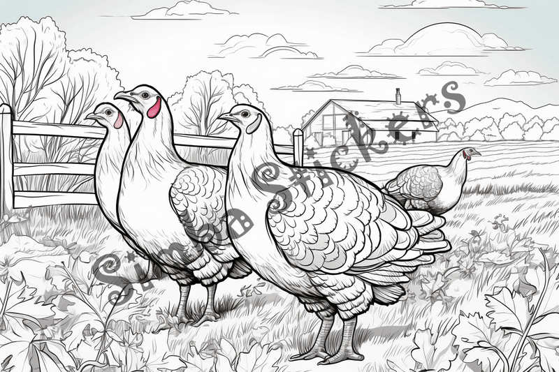 Colouring pages, bundle of turkeys on a farm, 10 images