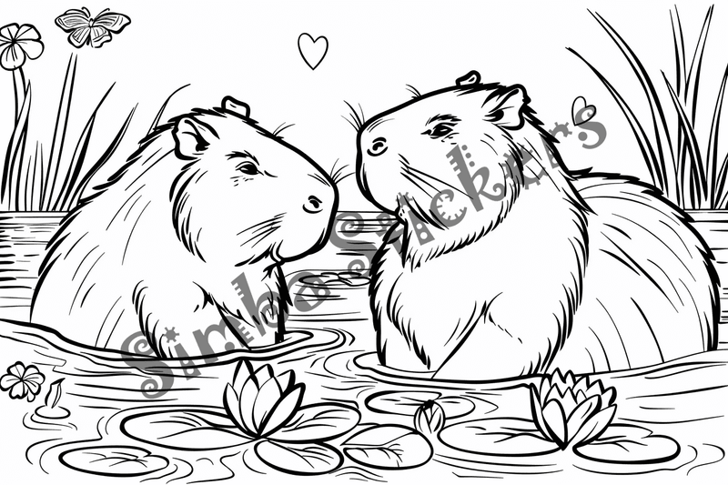 Colouring pages, bundle of capybaras in love, 10 images
